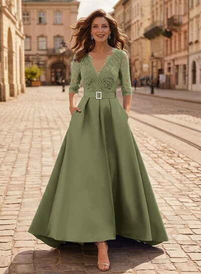 A-Line V-Neck 1/2 Sleeves Asymmetrical Lace/Satin Evening Dresses