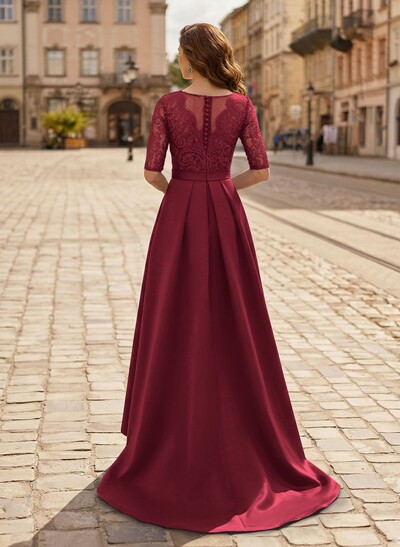 A-Line V-Neck 1/2 Sleeves Asymmetrical Lace/Satin Evening Dresses