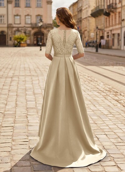 A-Line V-Neck 1/2 Sleeves Asymmetrical Lace/Satin Evening Dresses