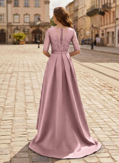 A-Line V-Neck 1/2 Sleeves Asymmetrical Lace/Satin Evening Dresses