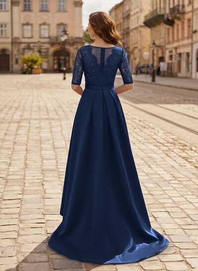 A-Line V-Neck 1/2 Sleeves Asymmetrical Lace/Satin Evening Dresses