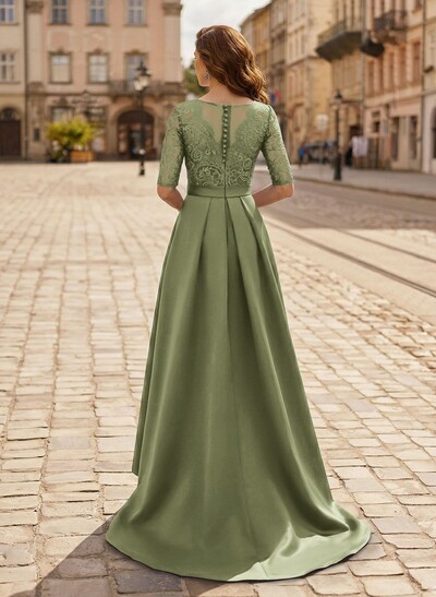 A-Line V-Neck 1/2 Sleeves Asymmetrical Lace/Satin Evening Dresses
