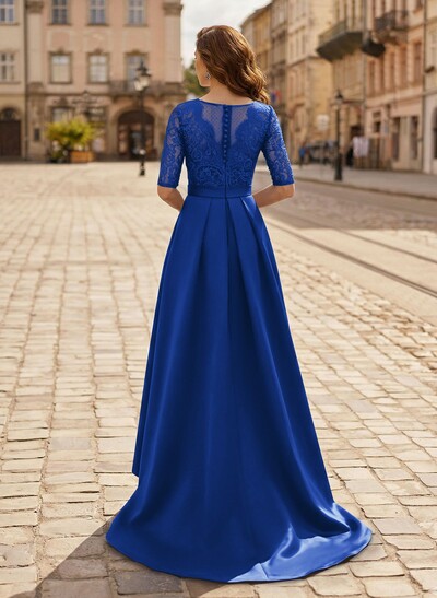 A-Line V-Neck 1/2 Sleeves Asymmetrical Lace/Satin Evening Dresses