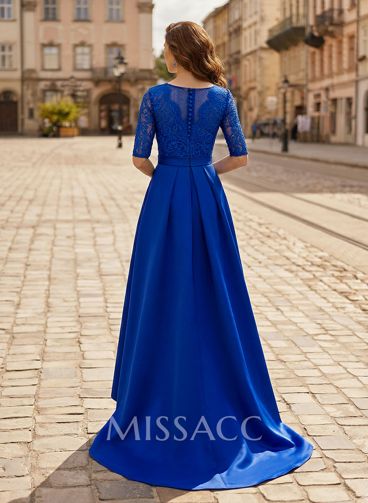 A-Line V-Neck 1/2 Sleeves Asymmetrical Lace/Satin Evening Dresses