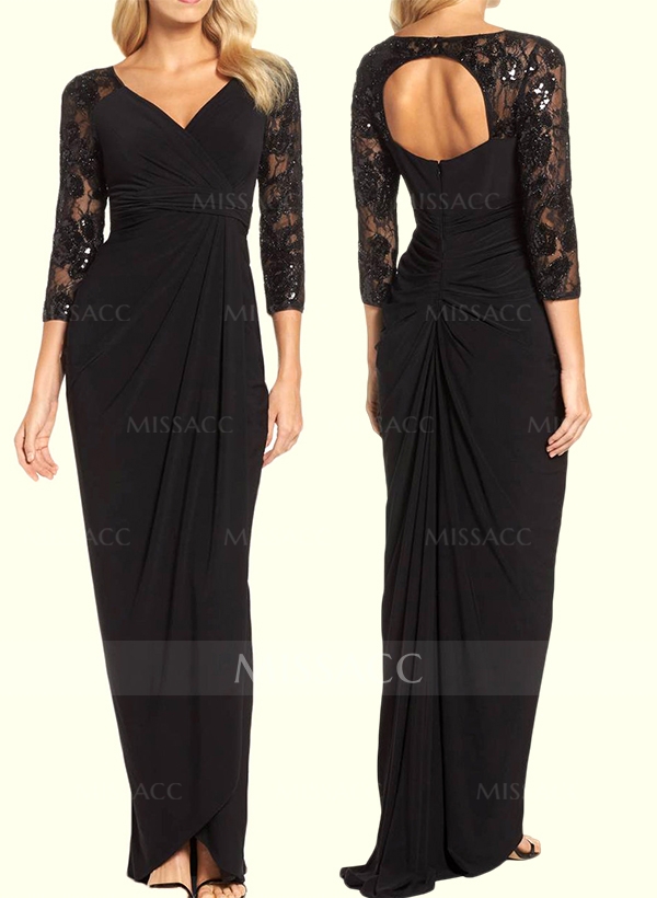 Sheath/Column V-Neck 3/4 Sleeves Lace/Jersey Evening Dresses