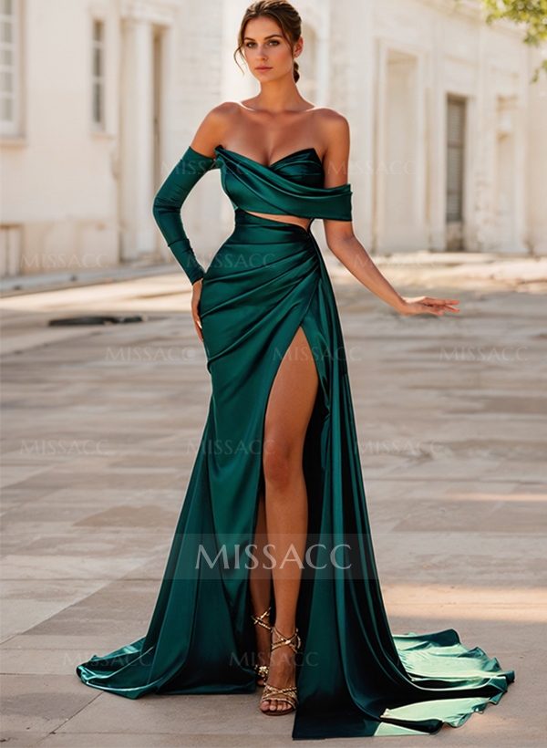 Green Satin Asymmetrical Neck Sheath/Column Evening Dresses With High Split