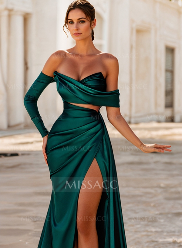 Green Satin Asymmetrical Neck Sheath/Column Evening Dresses With High Split