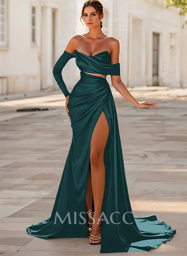 asymmetrical evening dress Asymmetric One Shoulder Dress, Red / S length skirt with sweep train for dramatic presence Rich navy color perfect for formal occasions Comfortable chiffon fabric moves beautifully Available Colors Sheath Acetate Satin Formal Wedding
