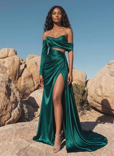 Green Satin Asymmetrical Neck Sheath/Column Evening Dresses With High Split