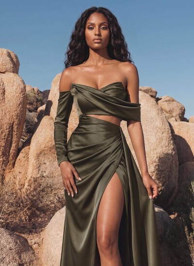 Green Satin Asymmetrical Neck Sheath/Column Evening Dresses With High Split