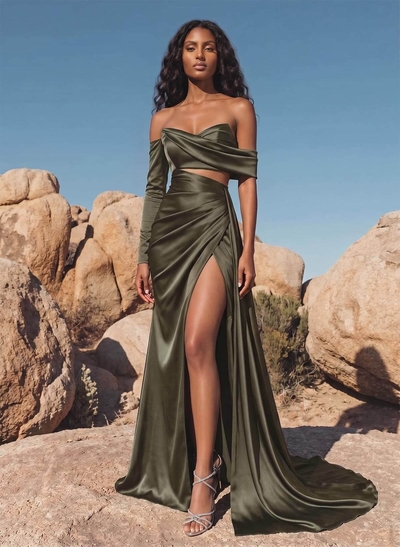 Green Satin Asymmetrical Neck Sheath/Column Evening Dresses With High Split