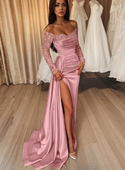 formal sheath dress long Sky Blue One Shoulder Sheath Chiffon Pleated Long Formal Prom Dresses, Lavender / 4 main image 1