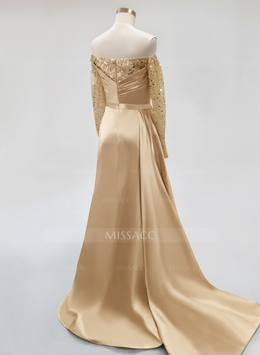 Sheath/Column Off-The-Shoulder Long Sleeves Satin Evening Dresses With High Split