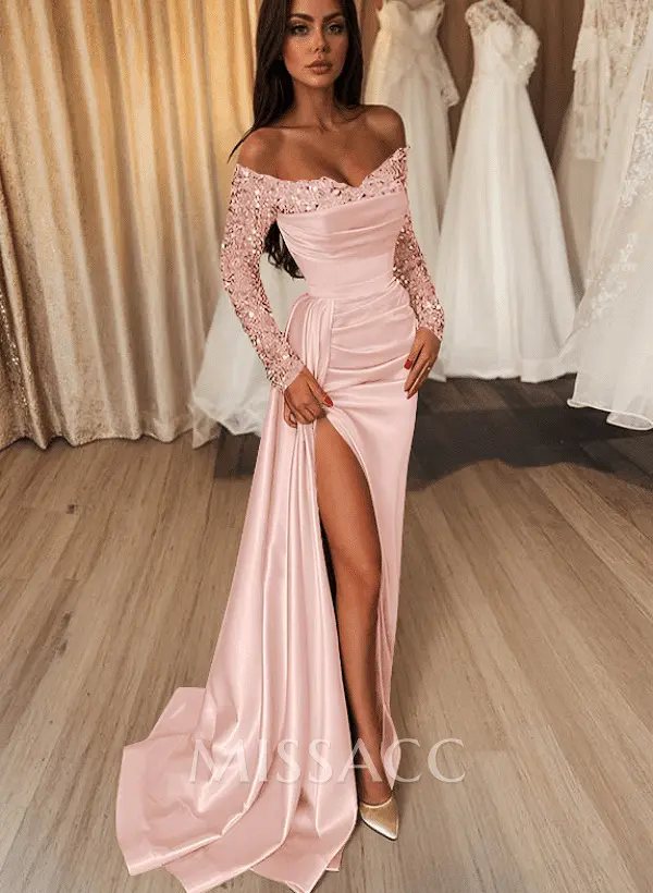 Missacc Petal Evening Dresses Sheath/Column Off-The-Shoulder Long Sleeves Satin Evening Dresses With High Split Missacc Petal Evening Dresses Sheath/Column Off-The-Shoulder Long Sleeves Satin Evening Dresses With High Split