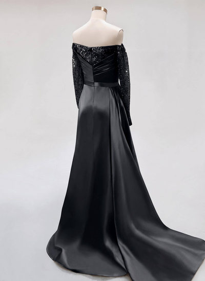 Sheath/Column Off-The-Shoulder Long Sleeves Satin Evening Dresses With High Split