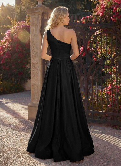 A-Line One-Shoulder Sleeveless Satin Floor-Length Evening Dresses