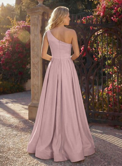 A-Line One-Shoulder Sleeveless Satin Floor-Length Evening Dresses