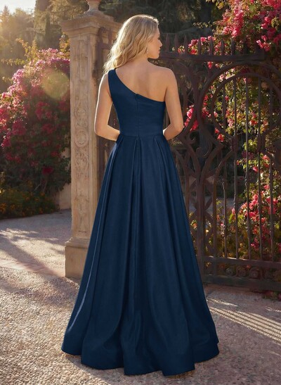 A-Line One-Shoulder Sleeveless Satin Floor-Length Evening Dresses