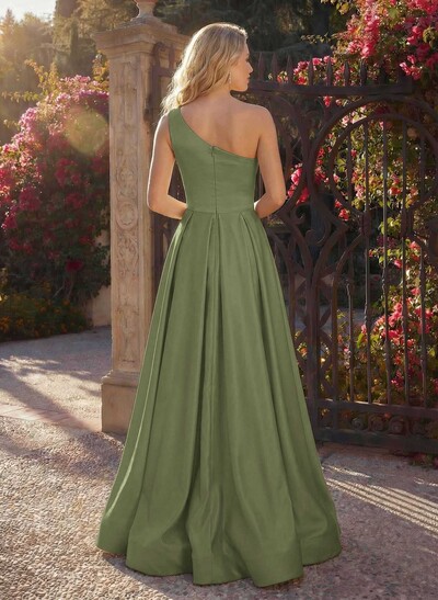 A-Line One-Shoulder Sleeveless Satin Floor-Length Evening Dresses