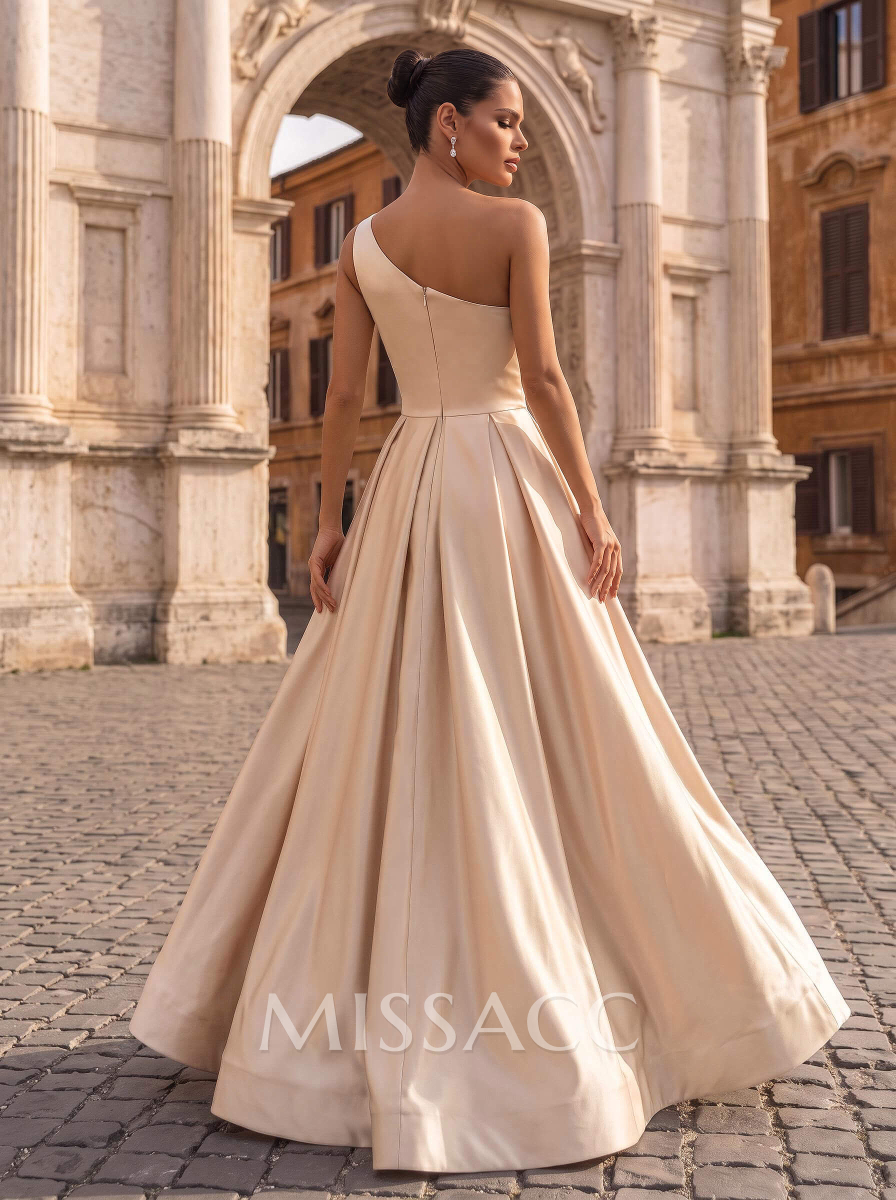 A-Line One-Shoulder Sleeveless Satin Floor-Length Evening Dresses A-Line One-Shoulder Sleeveless Satin Floor-Length Evening Dresses