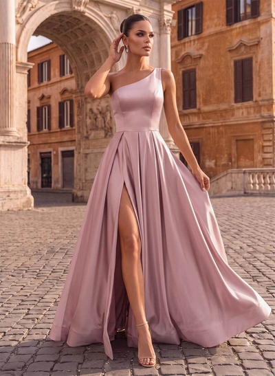 A-Line One-Shoulder Sleeveless Satin Floor-Length Evening Dresses