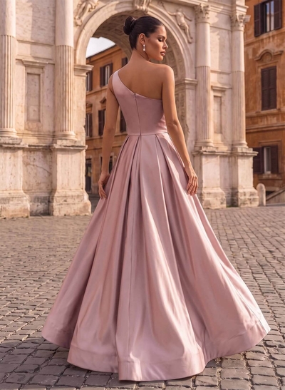 A-Line One-Shoulder Sleeveless Satin Floor-Length Evening Dresses