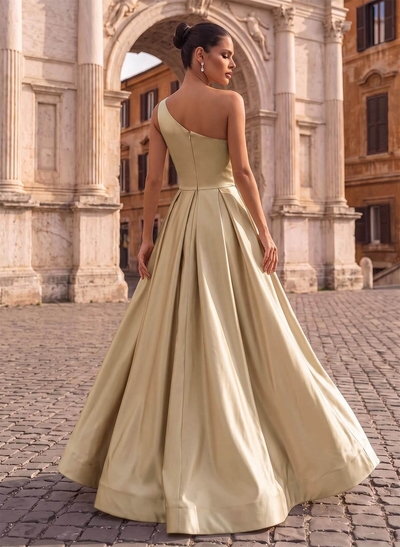 A-Line One-Shoulder Sleeveless Satin Floor-Length Evening Dresses