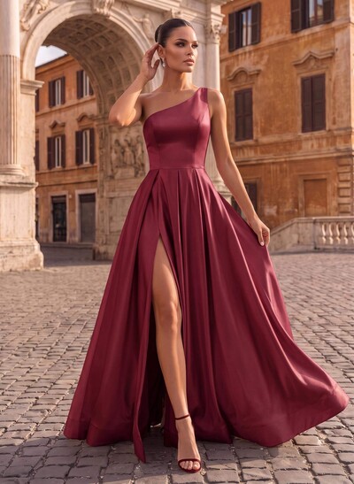 A-Line One-Shoulder Sleeveless Satin Floor-Length Evening Dresses