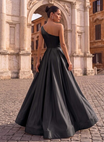 A-Line One-Shoulder Sleeveless Satin Floor-Length Evening Dresses