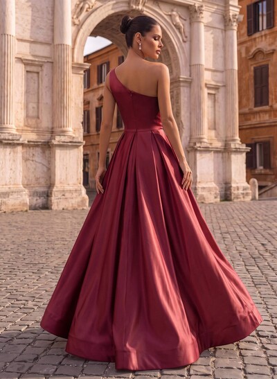 A-Line One-Shoulder Sleeveless Satin Floor-Length Evening Dresses