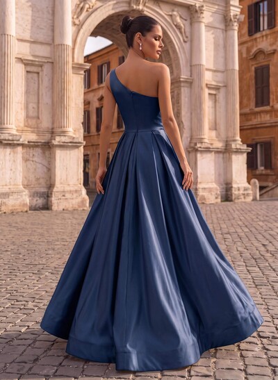 A-Line One-Shoulder Sleeveless Satin Floor-Length Evening Dresses