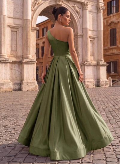 A-Line One-Shoulder Sleeveless Satin Floor-Length Evening Dresses