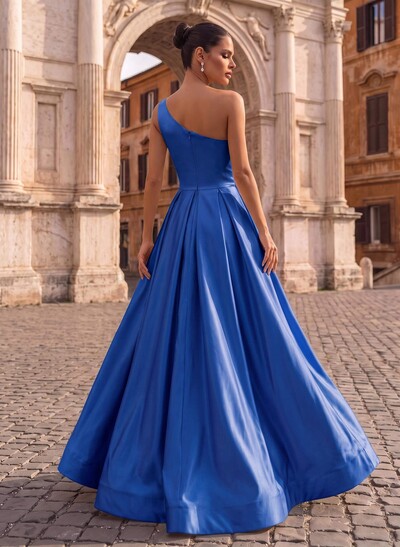 A-Line One-Shoulder Sleeveless Satin Floor-Length Evening Dresses