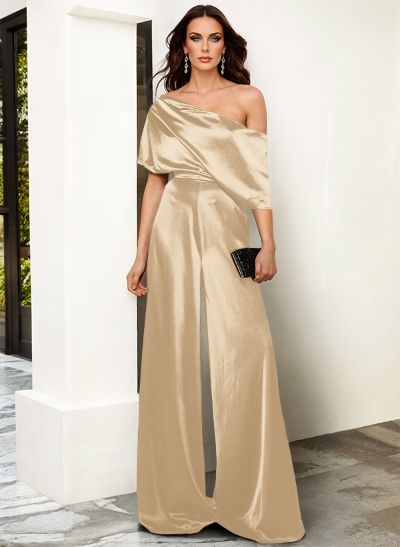 Elegant Asymmetrical Neck Floor-Length Silk Like Satin Evening Jumpsuit