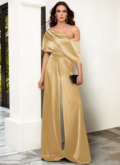 Elegant Asymmetrical Neck Floor-Length Silk Like Satin Evening Jumpsuit