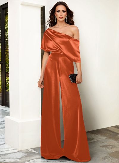 Elegant Asymmetrical Neck Floor-Length Silk Like Satin Evening Jumpsuit