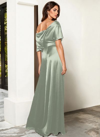 Elegant Asymmetrical Neck Floor-Length Silk Like Satin Evening Jumpsuit