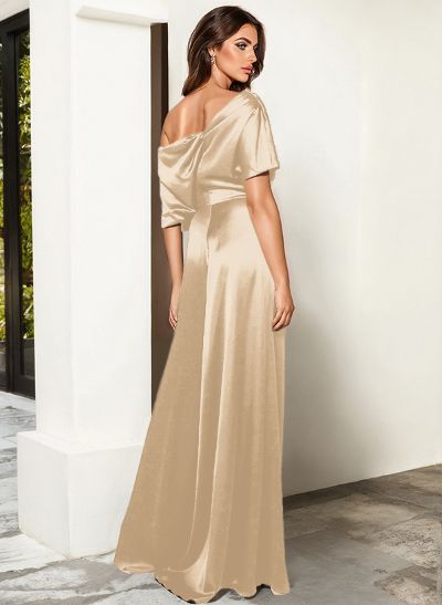 Elegant Asymmetrical Neck Floor-Length Silk Like Satin Evening Jumpsuit