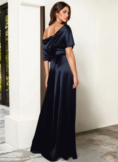 Elegant Asymmetrical Neck Floor-Length Silk Like Satin Evening Jumpsuit