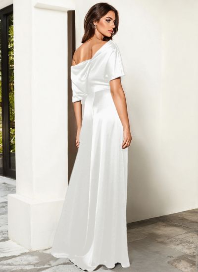 Elegant Asymmetrical Neck Floor-Length Silk Like Satin Evening Jumpsuit