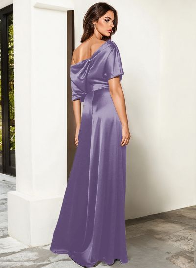 Elegant Asymmetrical Neck Floor-Length Silk Like Satin Evening Jumpsuit