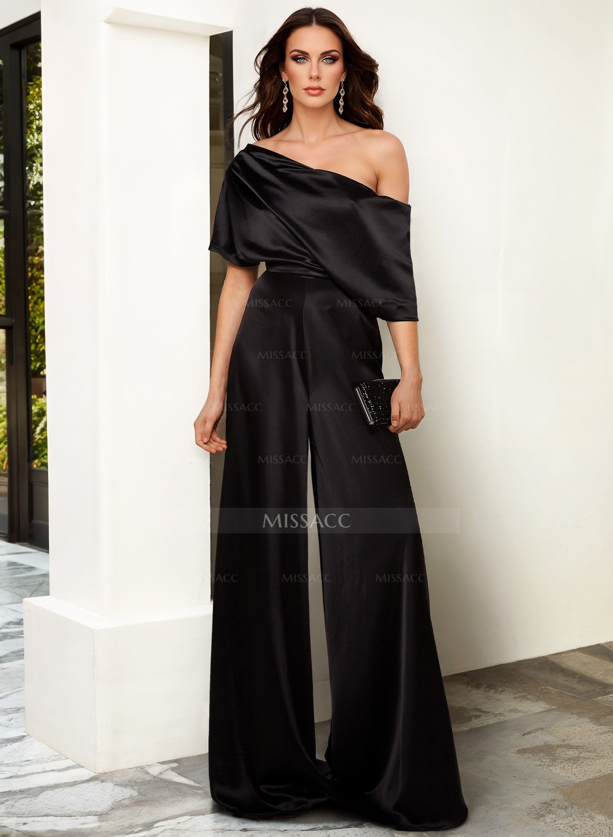 Elegant Asymmetrical Neck Floor-Length Silk Like Satin Evening Jumpsuit