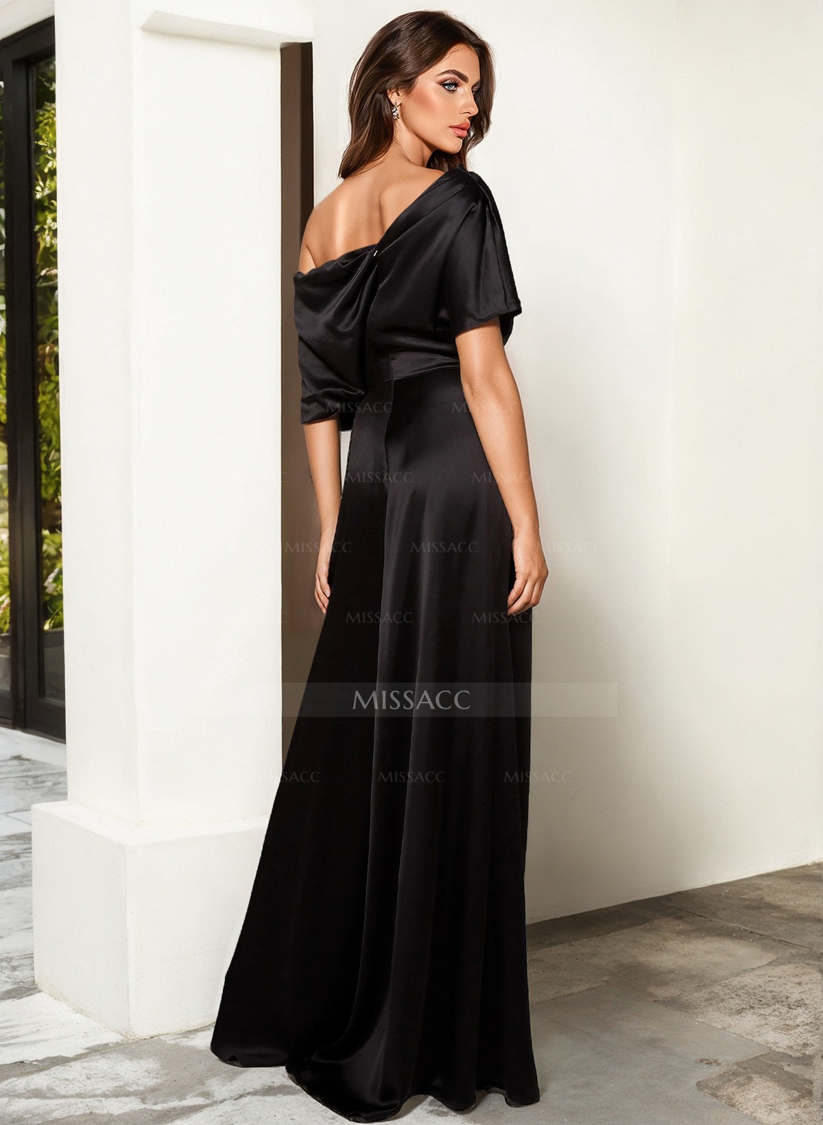 Elegant Asymmetrical Neck Floor-Length Silk Like Satin Evening Jumpsuit