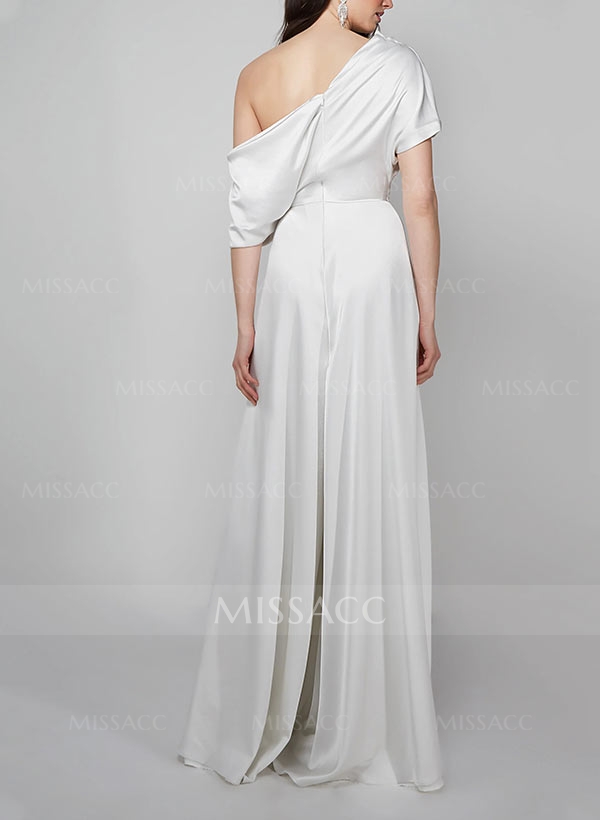 Elegant Asymmetrical Neck Floor-Length Silk Like Satin Evening Jumpsuit