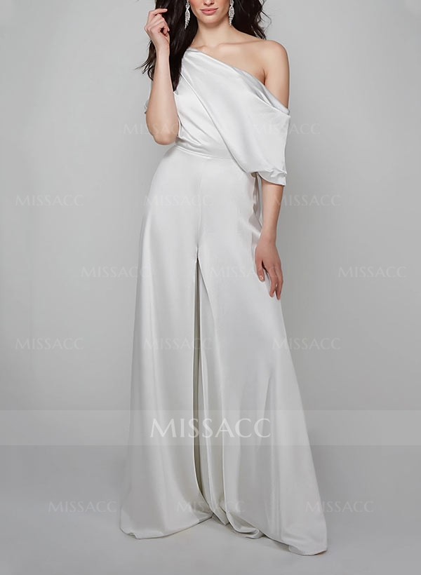 Elegant Asymmetrical Neck Floor-Length Silk Like Satin Evening Jumpsuit