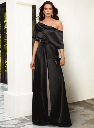 Elegant Asymmetrical Neck Floor-Length Silk Like Satin Evening Jumpsuit