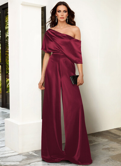 Elegant Asymmetrical Neck Floor-Length Silk Like Satin Evening Jumpsuit
