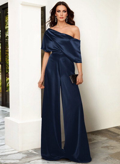 Elegant Asymmetrical Neck Floor-Length Silk Like Satin Evening Jumpsuit