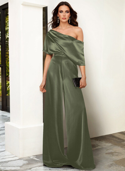 Elegant Asymmetrical Neck Floor-Length Silk Like Satin Evening Jumpsuit