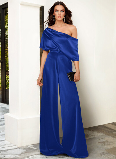 Elegant Asymmetrical Neck Floor-Length Silk Like Satin Evening Jumpsuit